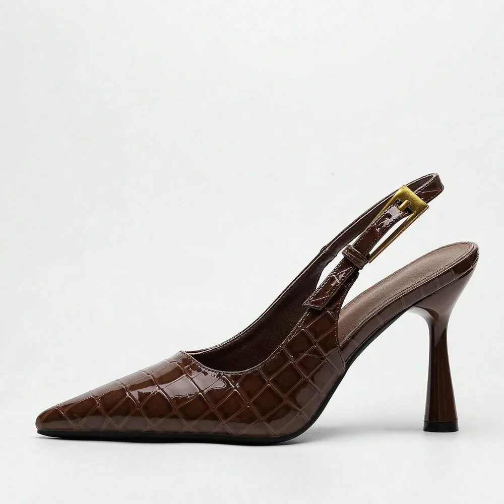 Coffee Brown Elegant Women's Pointed Toe Buckle Embellished Patent Leather Sling - Picture 2 of 6